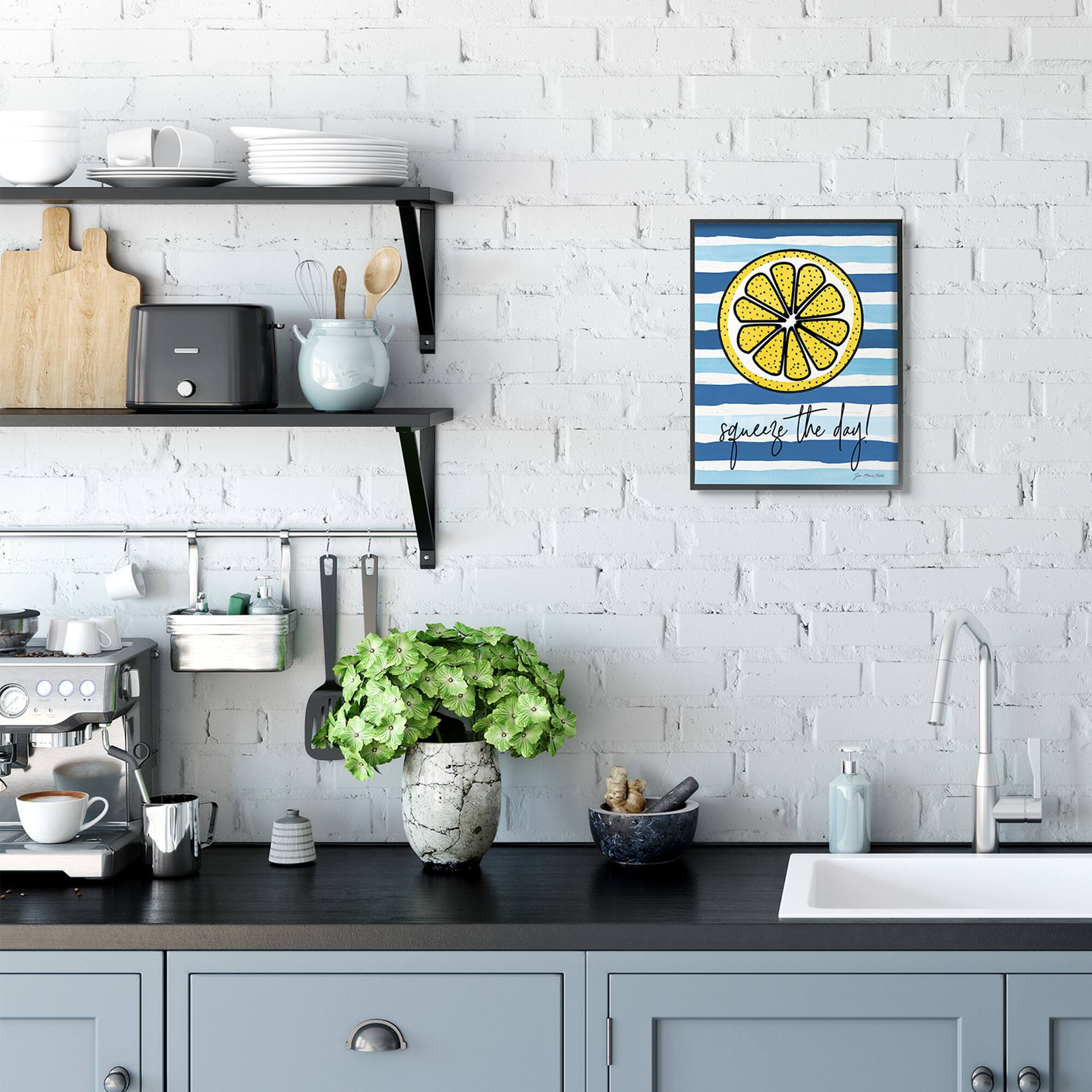 Stupell Industries Squeeze The Day Expression Lemon Nautical Stripes in Frame Wall Art